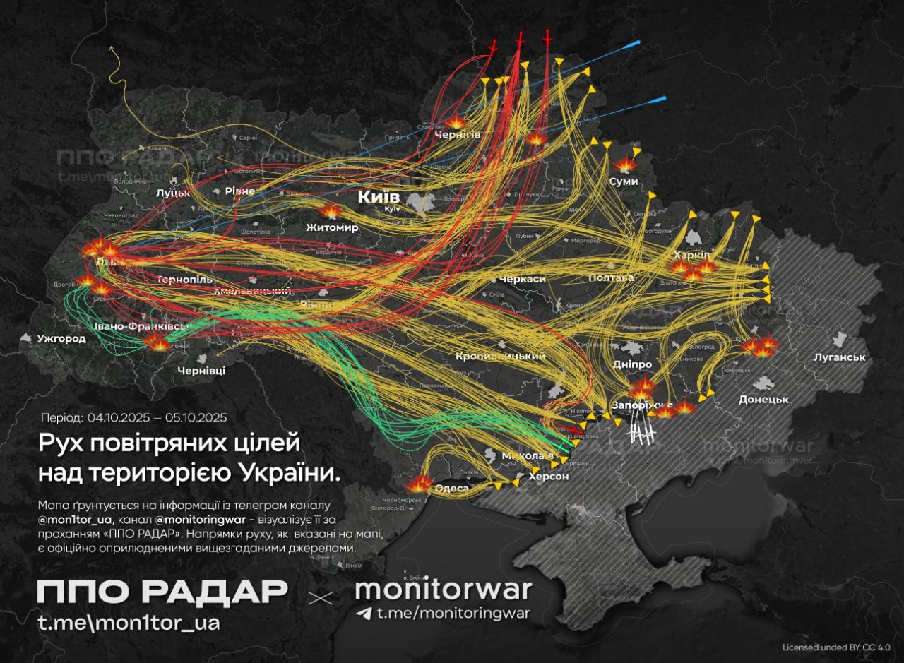 Маршруты воздушных целей над Украиной, 05.10.2025